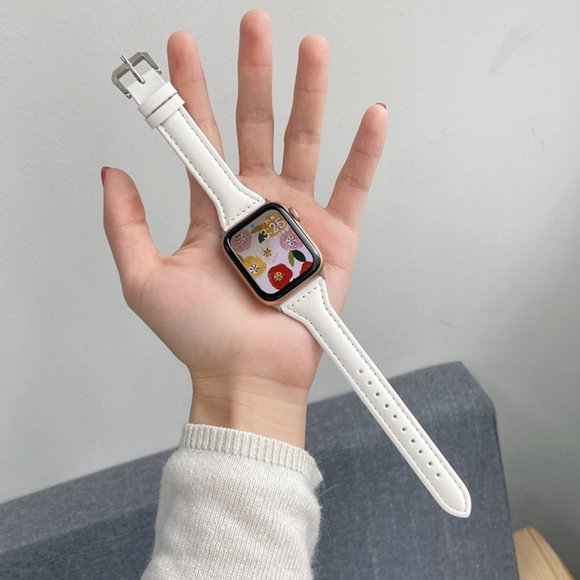 NEW[BAND] Slim White Strap Leather For Apple Watch - Picture 1 of 6